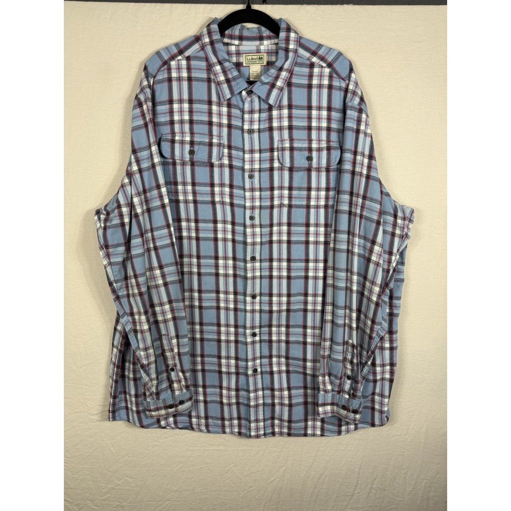 LL Bean Mens XXL Tall Blue Plaid Flannel Shirt 100% Cotton Button Front